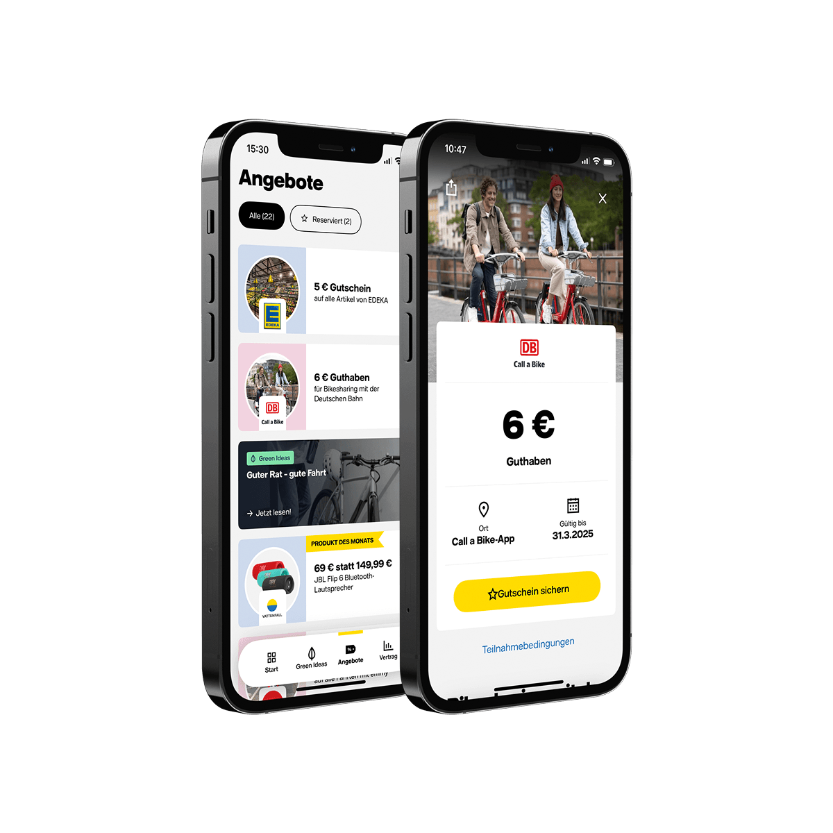 Auf zwei Smartphones sind Ansichten aus der Vattenfall my Highlights Welt zu sehen.