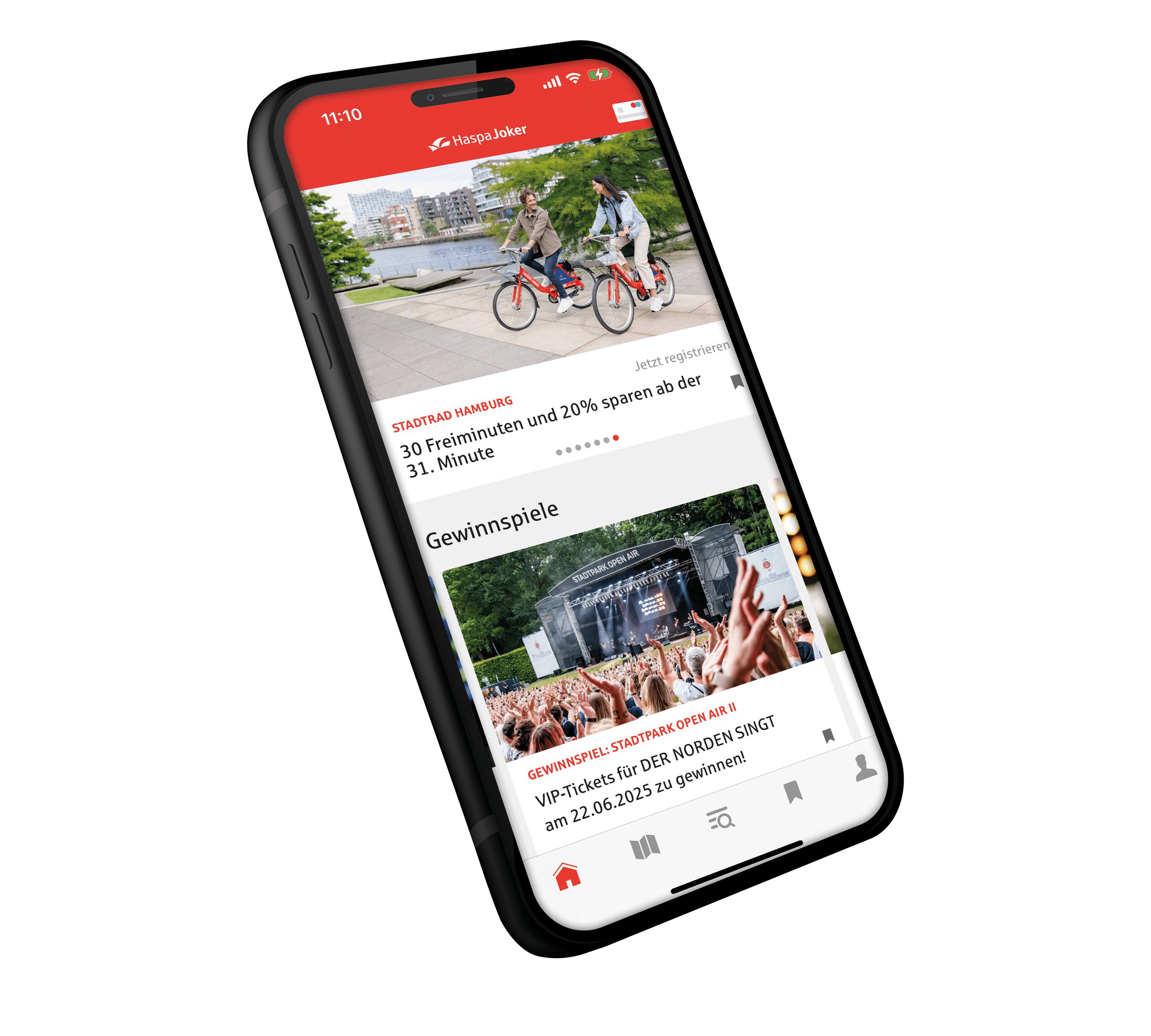Auf einem Smartphone sind Ansichten aus der HaspaJoker Vorteilswelt zu sehen.